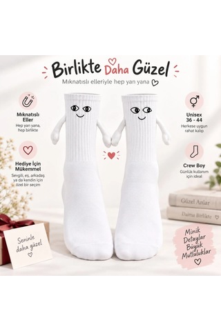 Womanandkids Wak Mıknatıslı El Ele 2'li Unisex Tutuşan Sevimli Çorap 36-44 Çift Hediyesi, Pamuklu Renkli Crew M Beyaz