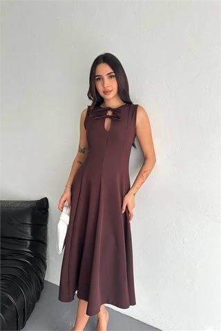 Dipmoda Kadın Sıfır Kol Fiyonk Detaylı Likralı Elbise Dpk4191 Kahverengi