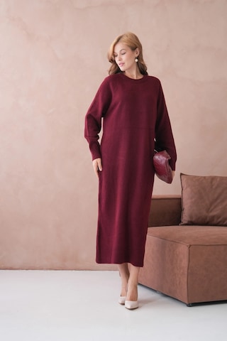 Kadın Bisiklet Yaka Yumuşak Dokulu Maksi Boy Şardonlu Oversize Triko Elbise 8324sw Bordo