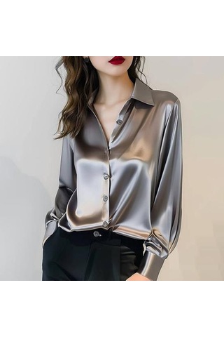 Kadın Gömlek Düz Renk Pürüzsüz Saten Uzun Kollu Yaka Rahat Üstler Tek Göğüslü Fransız Tarzı Ofis Gömlek Gri