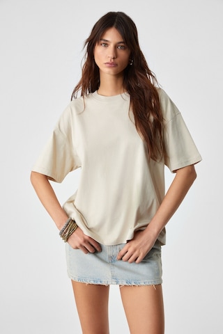 Grimelange LAGERTHA Kadın %100 organik Pamuklu Kalın Dokulu Oversize Fit Yuvarlak Yakalı Taş Rengi T-Shirt
