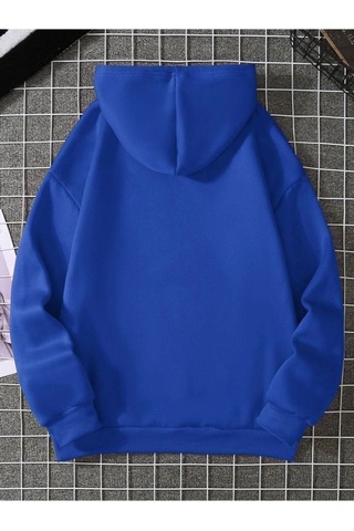 Yarım Kalp Sweatshirt - Sax Mavi Baskılı Oversize Kışlık Kalın Kapüşonlu Saks Mavi