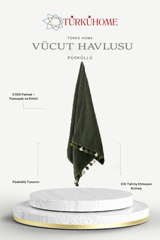 Püsküllü Yumuşak Pamuk Havlu Yüksek Emicili Vücut Havlusu 70x130 Cm Haki