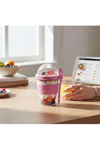 Titiz 600 Ml Kaşıklı Yoğurt & Müsli Kabı - Taşınabilir Kase - Pembe Çok Renkli