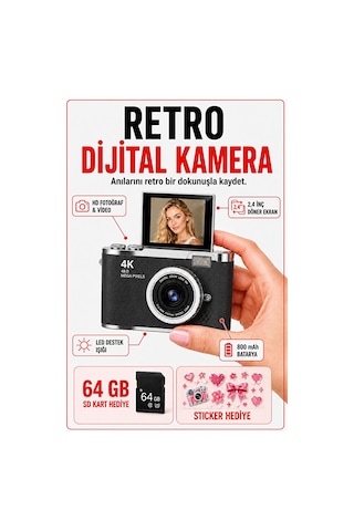 Solvis 4k Dijital Retro Fotoğraf Makinesi 48mp 18x Zoom 180 Dönen Ekran Flaşlı 64gb Sd Kart Selfie Vlog Kamera Siyah