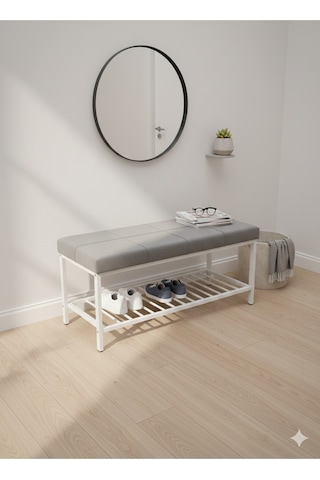Özcan Metal Beyaz Metal Ayaklı Raflı Bench Puf Bank Antre Mutfak Salon Yatak Odası Puf Bank 105 40 Gri