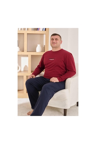 Pijamoni Erkek Battal Bisiklet Yaka Penye Uzun Kol Pijama Takımı 6700/8 - 1 Adet Bordo