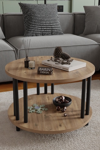 Modern Yuvarlak Orta Sehpa Çift Katlı Siyah Metal Ayaklı Salon, Ofis, Dekoratif Masa Atlantik Çam