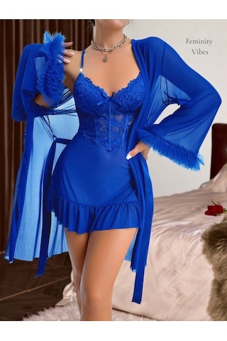 İntive Lingerie Sugar Cool Transparan Tülden Volan Detaylı Mini Gecelik Sabahlık Saks Mavisi