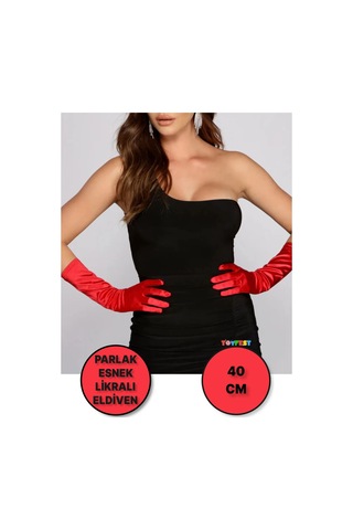 Uzun Boy Parlak Esnek Likralı Eldiven 40 Cm - 1 Çift - Kırmızı Çok Renkli