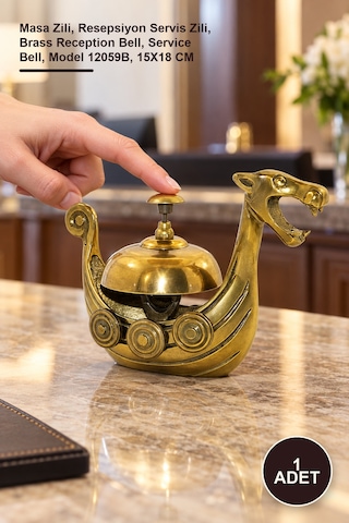 1 Adet Pirinç Resepsiyon Çanı Masa Zili, Resepsiyon Servis Zili, Brass Reception Bell, Service Bell, Model 12059b, 15x18 Cm