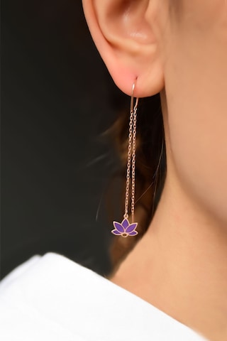 Papatya Silver 925 Ayar Gümüş Rose Kaplama Parlayan Rüya Serisi Tasarım Mor Cam Boyalı Lotus Zincir Küpe