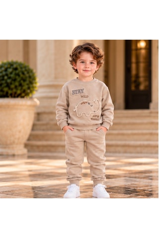 Maxx Kelın Erkek Bebek 2'li Takım Bej Dinozor Baskılı Sweatshirt Ve Pantolon 6-12-18-24 Ay