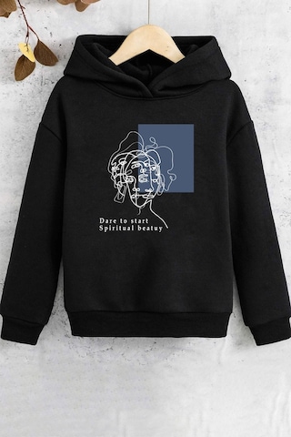 Çocuk Minimal Line Drawing Baskılı Sweatshirt Siyah