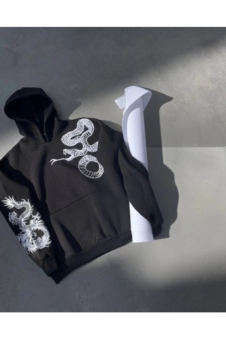 Valensdesign Uzun Kol Kapşonlu Baskılı Sweatshirt - Siyah