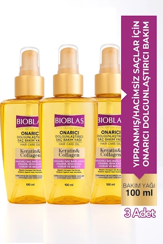 Keratin & Kolajen Onarıcı Dolgunlaştırıcı Saç Bakım Yağı 100 Ml İnce Yıpranmış Saçlar 3'lü