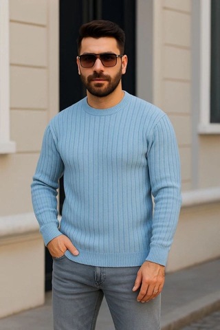 Butik İstanbul Erkek Bisiklet Yuvarlak Yaka Triko Kazak Pamuklu Kalın Fitilli Dokuma, Regular Fit Uzun Kollu Kışlık Model - Bebe Mavisi Mavi