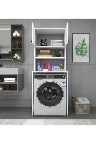 Enda Home 3 Raflı Kapaklı Çamaşır Makinesi Banyo Dolabı Beyaz