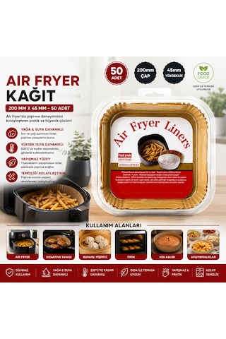 Air Fryer Kağıt Pişirme Kalıbı Kare, Taban 20cm, Kenar 4.5cm 50'li