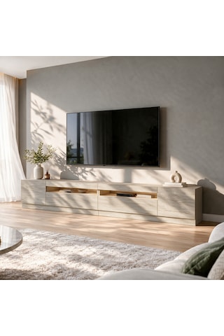 T008 Arya Işıklı Tv Sehpası Set - Traverten Traverten