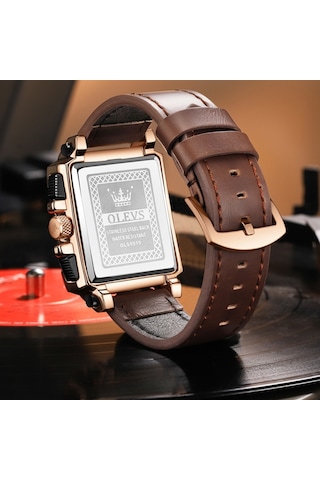 Olevs 9919 Erkekler İçin Kare Kadranlı Kronograf Aydınlık Kuvars Saat Kahverengi Deri Gül Kabuğu Siyah Yüzey