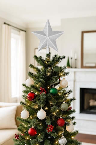 Yılbaşı Ağaç Tepeliği 20 Cm - Gümüş Simli Ve Yıldız Dolgulu Büyük Boy Lüks Çam Ağacı Dekorasyonu Diğer