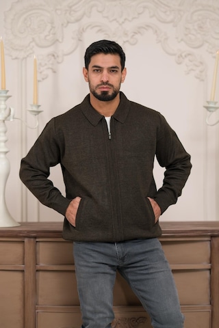 Woolen World Polo Yaka Fermuar Kapamalı Klasik Kesim Astarlı Çelik Örgü Hırka Kahverengi