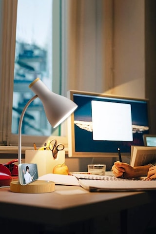 Usb Led Masa Lambası Gri Ahşap Tabanlı Modern Dekoratif, Şık Esnek Boyunlu Ofis Ve Çalışma Lambası Gri