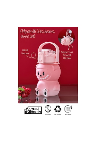 Labubu Suluk - 1000 Ml Taşınabilir Kulplu, Pipetli, Bpa Sız, Kilitli Ve Sızdırmaz Kapak - Pembe Pembe