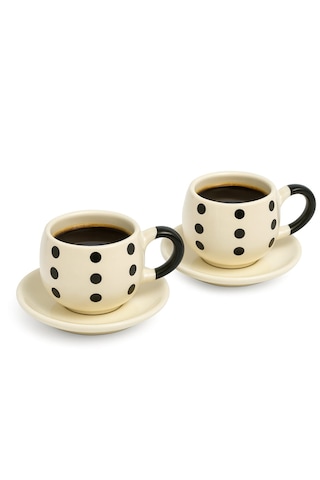 Dekorasyaa Duble 2'li Seramik Kahve Fincan Takımı - 150ml - Puantiye Desenli Beyaz - Siyah
