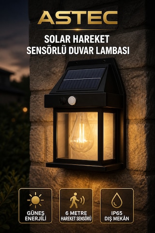 Astec Solar Hareket Sensörlü Duvar Lambası 20w Ip65 Güneş Enerjili Bahçe Apliği Gün Işığı
