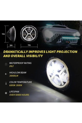 Symbee 7 İnç Dört Lens X Tipi Led Far Tek Adet - Jeep Wrangler Jk/jku/cj/lj/tj Ve Hummer H1/h2 Uyumlu, 30000lm Parlaklık, Ip67 Su Geçirmez
