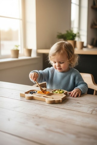 Tren Figürlü Bambu Bebek Mama Seti Bölmeli Tabak + Kaşık Çatal Seti Bej