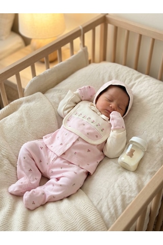 Gaye Bebe %100 Pamuklu Çiçek Nakışlı 5'li Yenidoğan Kız Bebek Hastane Çıkışı Seti 0-3 Ay Pudra