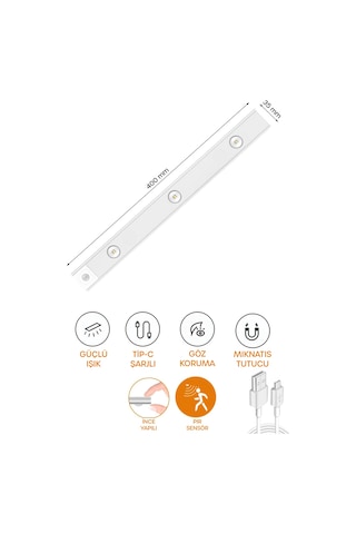 Mutfak Tezgah Altı Şarjlı Hareket Sensörlü Cabinet Dolap Işığı Çekmece İçi Koridor Lambası 40 Cm 03