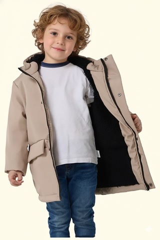 Blayn Jeans Erkek Çocuk Kürklü Su Ve Rüzgar Geçirmez Kapüşonlu Kışlık Mont & Kaban & Parka Krem