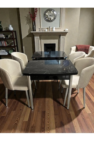 Msy Home 4 Kişilik Exclusive Kelebek Black Marble Krom Ayaklı Modern Yemek Odası Grubu 050922 Bej