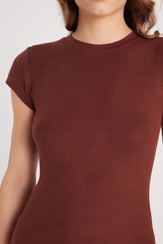 Tudors Kadın Slim Fit Dar Kesim Bisiklet Yaka Viskon Kumaş Ultra Soft Kahverengi Tişört-37796 Kahverengi