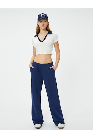 Koton Polo Yaka Crop Tişört Renk Kontrastlı Kısa Kollu Slim Fit Ekru 4sal10812ık Ekru