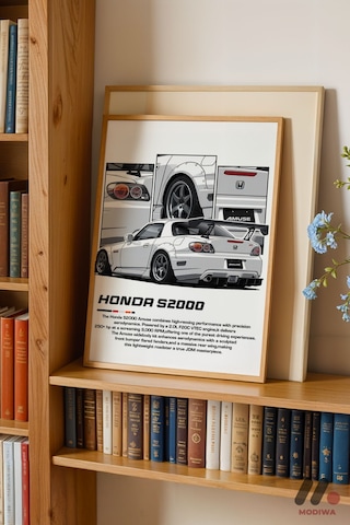 Honda S2000 Beyaz Jdm Poster, Ahşap Çerçeveli Duvar Tablosu - Oto Severlere Özel Hediye