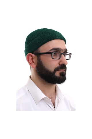 Yeşil Katlamalı Sade Desen Kışlık Kadife Takke Şapka