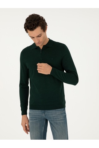 Cacharel Zümrüt Regular Fit Yün Karışımlı Fermuarlı Polo Yaka Basic Triko Kazak Yesıl