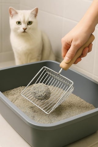 Lexroo Metal Kedi Kumu Küreği Ahşap Saplı Dayanıklı Izgaralı Kedi Tuvaleti Temizleme Küreği