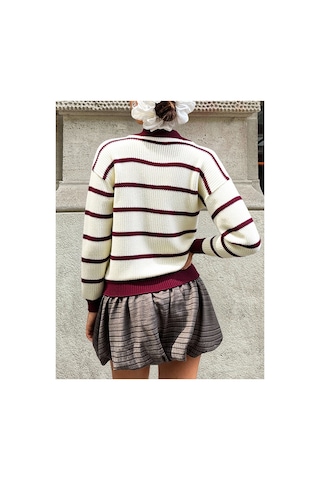 Meecy Selanik Örgü Polo Yaka Oversize Zr Model Kadın Triko Kazak Bej & Bordo Bej & Bordo