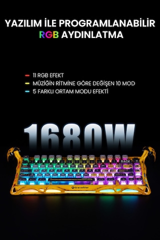 Gravastar Mercury K1 Pro Rgb Kablosuz Mekanik Gaming Klavye, Alüminyum Çerçeveli, İngilizce Q, Speci