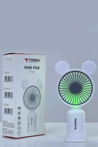 Torima F-12 Beyaz Mini Taşınabilir Fan Şarjlı 2 Kademeli Ledli Ayıcık Kulak Vantilatör Klima Soğutucu Fan