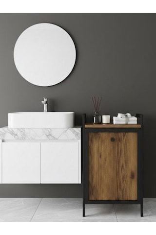 Kapaklı Çamaşır Sepeti & Banyo Düzenleyici Dolap Metal Ayaklı Modern Kirli Sepeti Organizer Ahşap