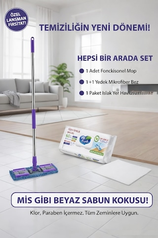 Fonksiyonel Mop Seti 1+1 Mikrofiber Bez + 48 Li Islak Yer Havlusu Hepsi Bir Arada Temizlik Seti