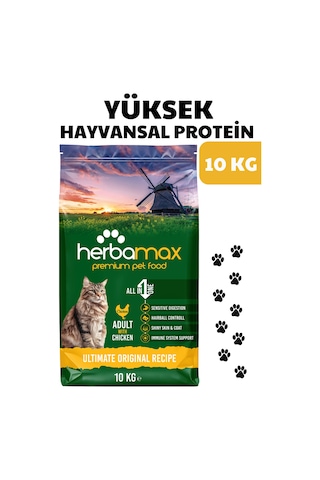 Herbamax Tavuklu ve Pirinçli Yetişkin Kedi Maması 10 KG