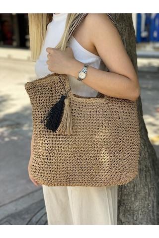 Matthew Cox Zebra Desen Fermuarlı Astarlı Cepli Omuz Askılı Sahil Plaj Beach Club Hasır Çanta Camel
